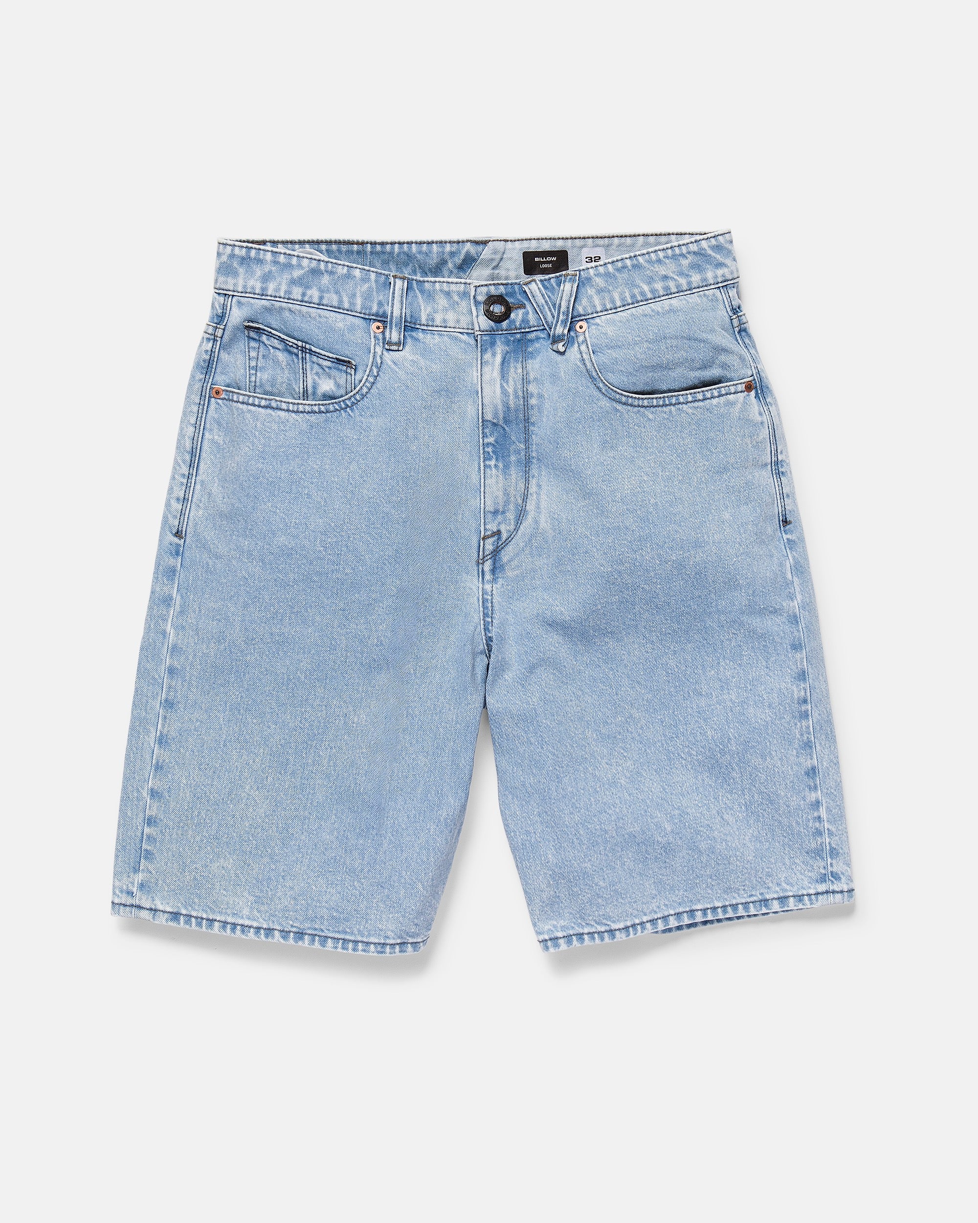 The Volcom Men's Billow Denim Shorts feature a light blue wash, classic five-pocket design, baggy fit, belt loops, and a button-and-zip fly, crafted from soft recycled cotton and displayed flat on a white background.