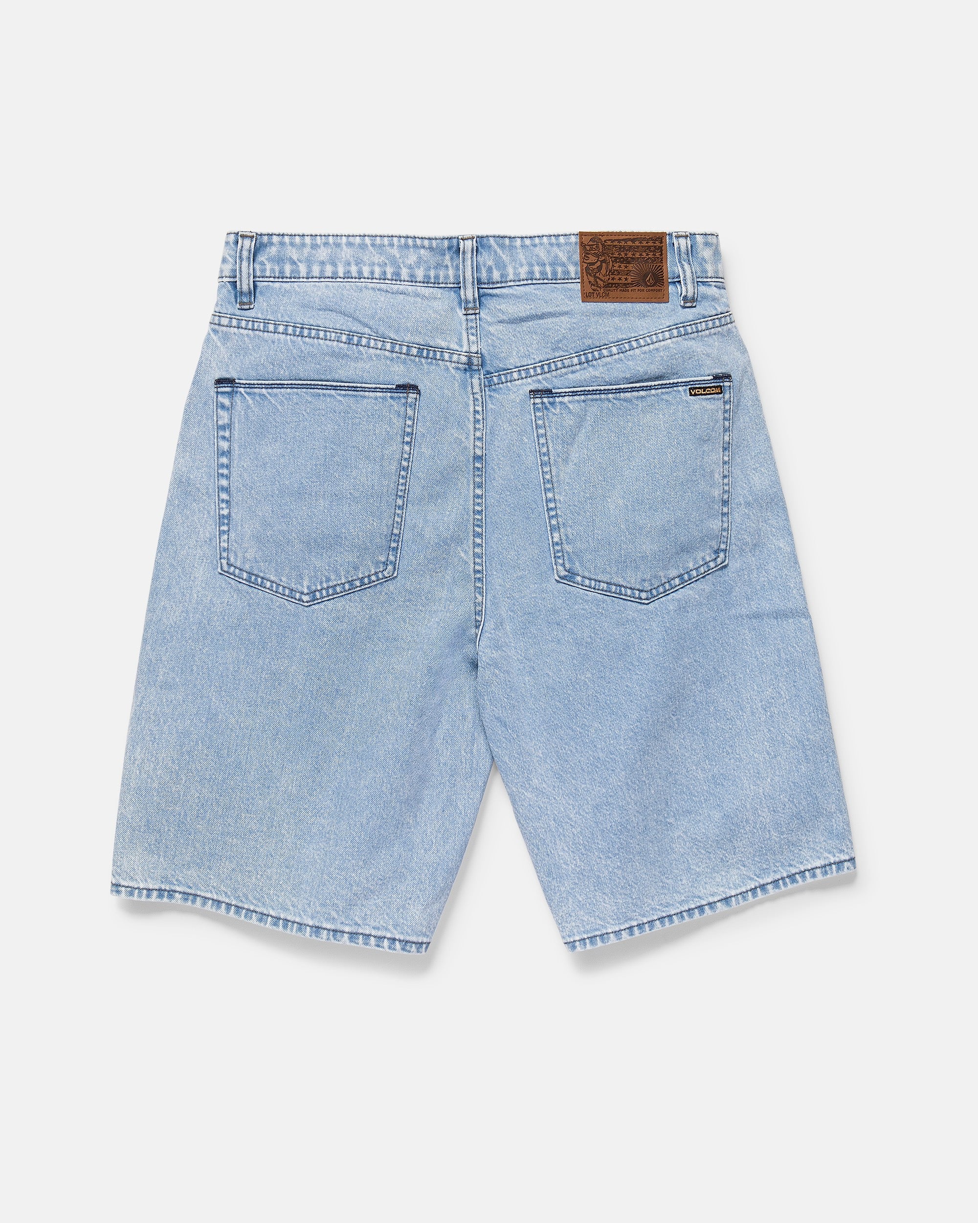 The Volcom Men's Billow Denim Shorts in light blue feature a baggy fit, two back pockets, a brown leather waistband patch, and a small black tag. Made with recycled cotton for a classic, casual look.