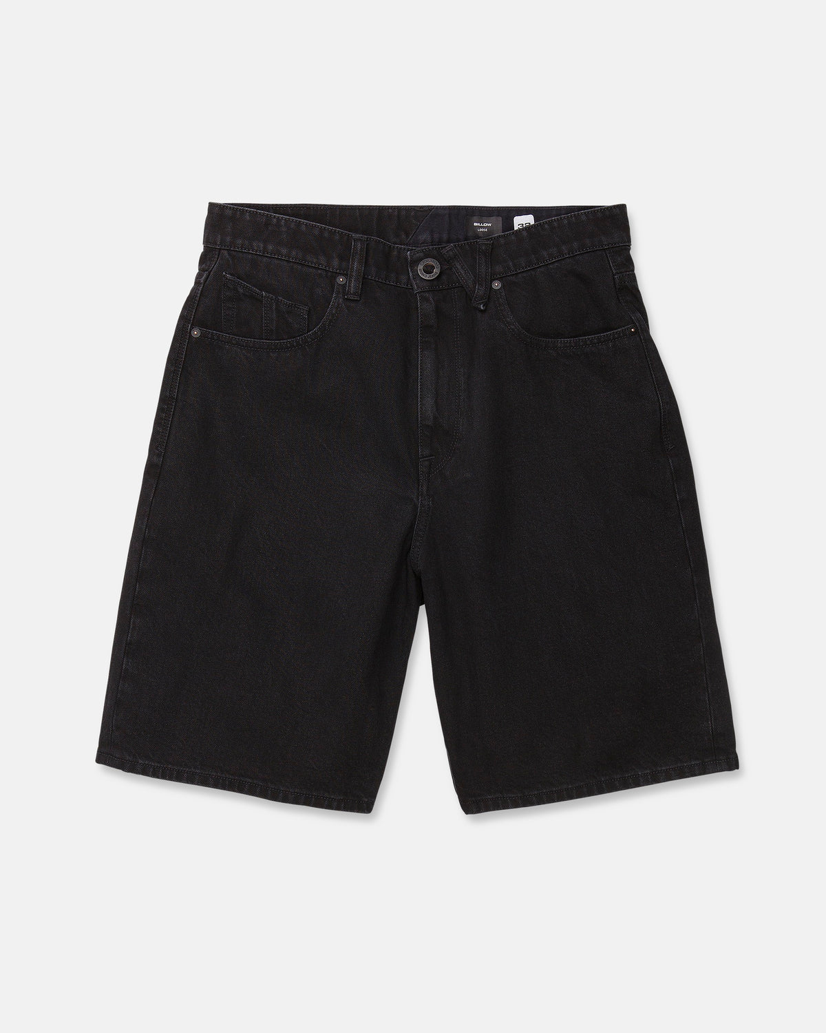 Men's Billow Denim Shorts from Volcom are black, loose fit denim shorts with five pockets, a button and zip closure, and belt loops. Laid flat on a white background, these shorts feature a comfortable, baggy silhouette ideal for relaxed style.