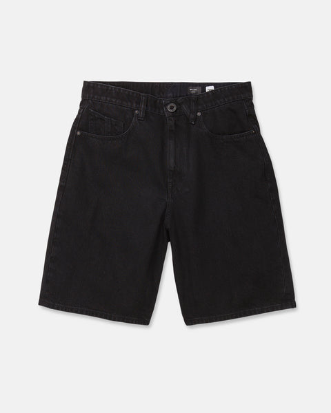 Men's Billow Denim Shorts from Volcom are black, loose fit denim shorts with five pockets, a button and zip closure, and belt loops. Laid flat on a white background, these shorts feature a comfortable, baggy silhouette ideal for relaxed style.