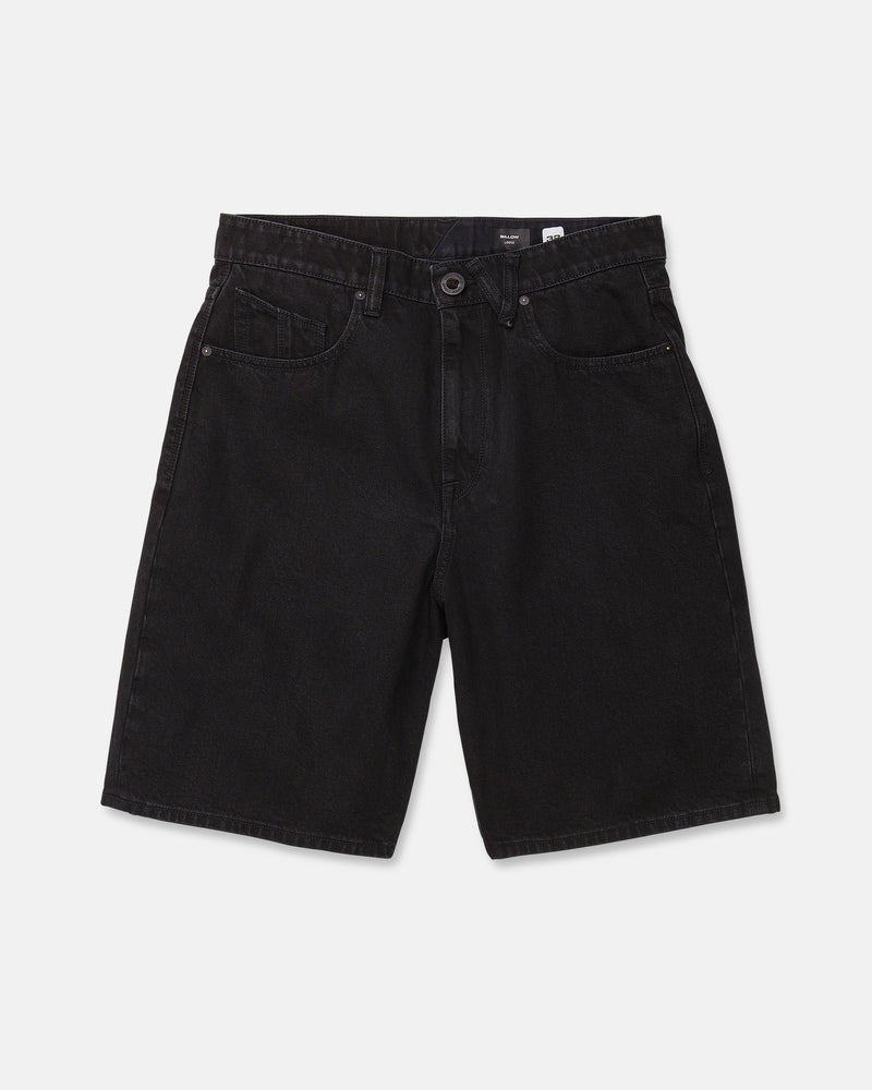 Men's Billow Denim Shorts from Volcom are black, loose fit denim shorts with five pockets, a button and zip closure, and belt loops. Laid flat on a white background, these shorts feature a comfortable, baggy silhouette ideal for relaxed style.