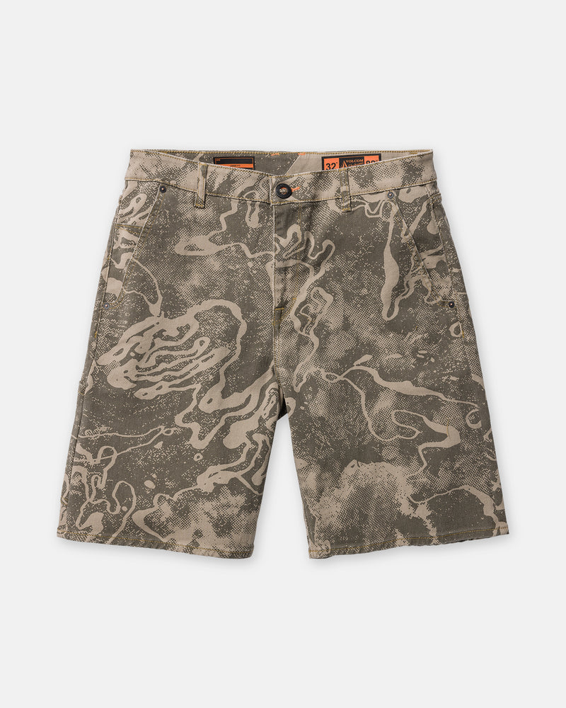 Men’s Kinkade Utility Denim Short 22 knee-length Volcom shorts in an olive green and tan abstract camouflage print with a button fly.