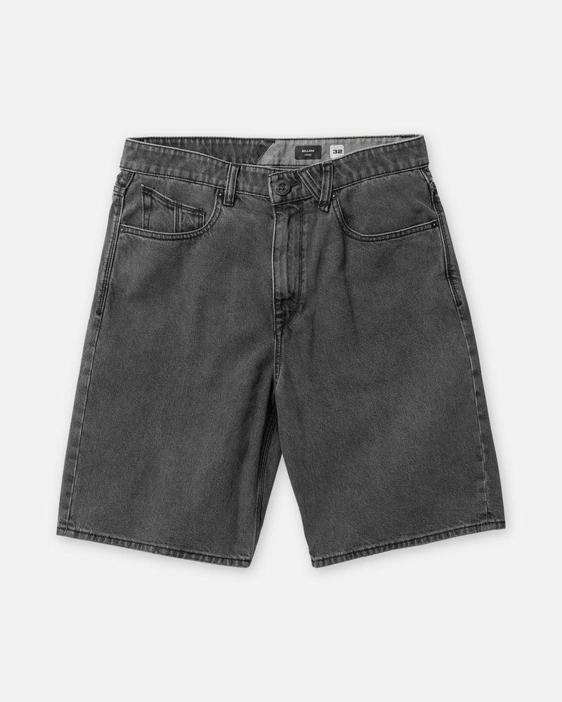 Loose fit black Volcom Men’s Billow Denim Short 22 with a button fly and five-pocket styling.