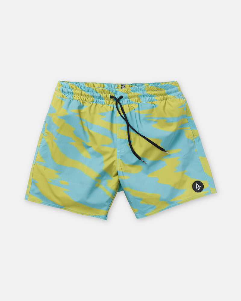 The Volcom Men’s Lido Print Trunk 16 swim shorts feature a blue and yellow pattern, a black drawstring, and a small black logo patch on the left leg. Crafted from 4-way stretch swimwear fabric, they are displayed on a plain white background.