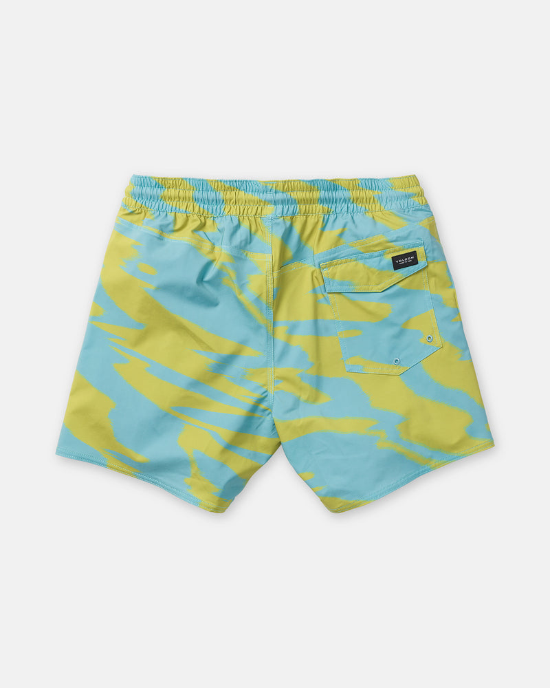 Back view of the Volcom Men’s Lido Print Trunk 16 in a blue and yellow pattern, featuring an elastic waistband and a single back pocket with a small black label. Made with 4-way stretch fabric for superior comfort and mobility.