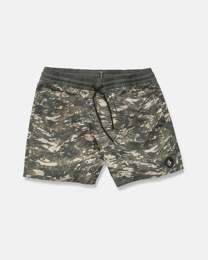 Volcom Men's Lido Print Trunks feature a green camouflage pattern, an elastic waistband with a black drawstring, 4-way stretch for maximum comfort, and a small black and white Volcom logo patch on the left leg.