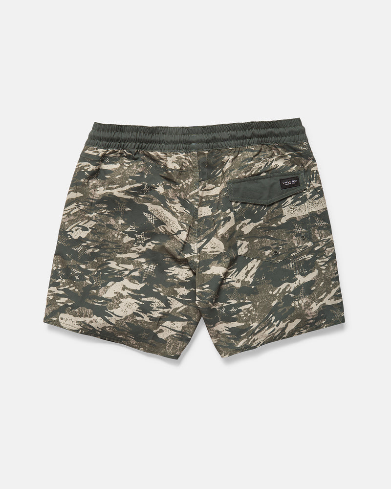 Back view of Volcom Men's Lido Print Trunks in a green camouflage pattern, showcasing their 4-way stretch elastic waistband and a single rear pocket with a small black Volcom label. The shorts are laid flat against a white background.