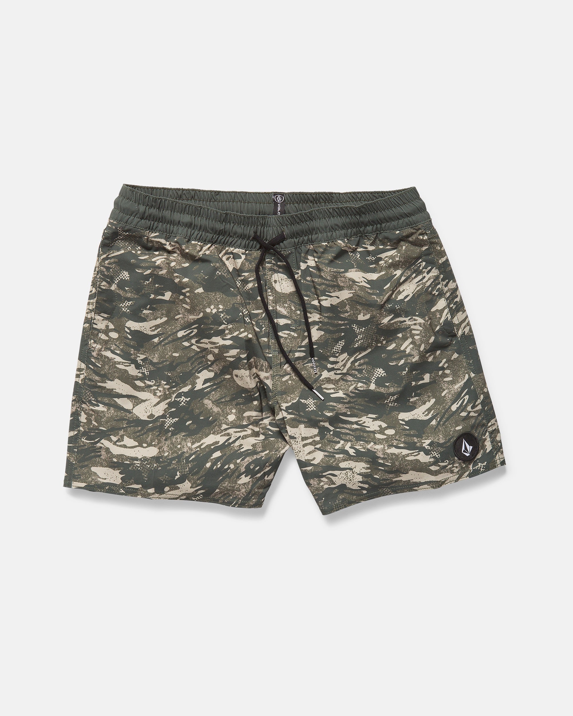The Volcom Men's Lido Print Trunks feature a green and beige camo pattern, elastic waistband with black drawstring, 4-way stretch fabric, and a small black logo patch on the left leg, shown on a white background.