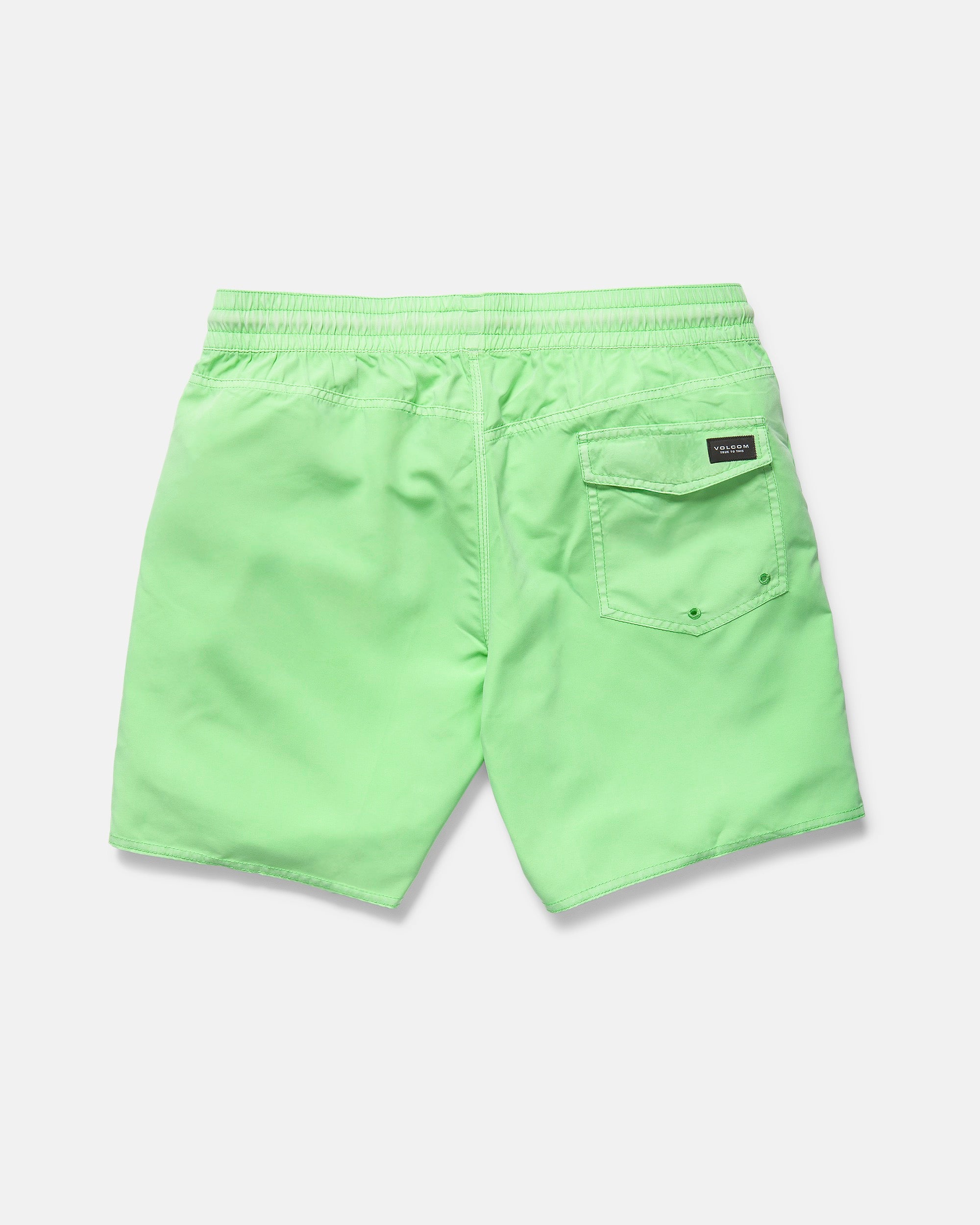 Volcom Men's Center Elastic Waist 17" Trunk shown in bright green, made from recycled polyester with 2-way stretch, elastic waistband, single back pocket with black label, and visible stitching—displayed on a white background.