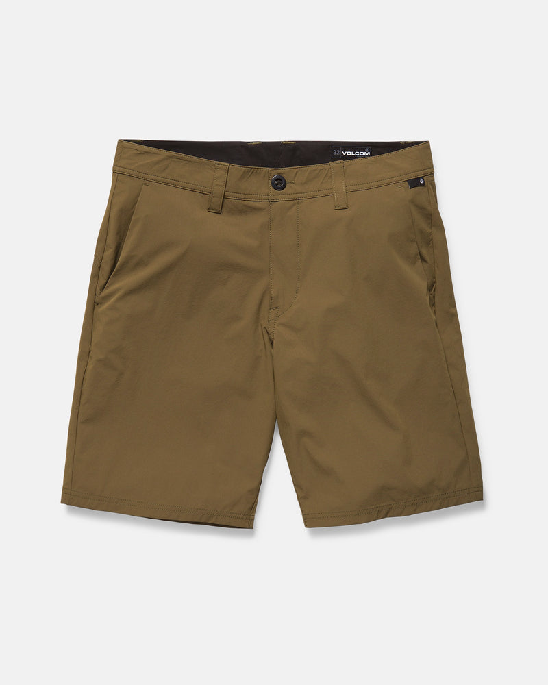Volcom Men's Frickin Cross Shred Shorts in olive green, featuring water-repellent fabric, belt loops, side pockets, and a button closure, shown on a plain white background.
