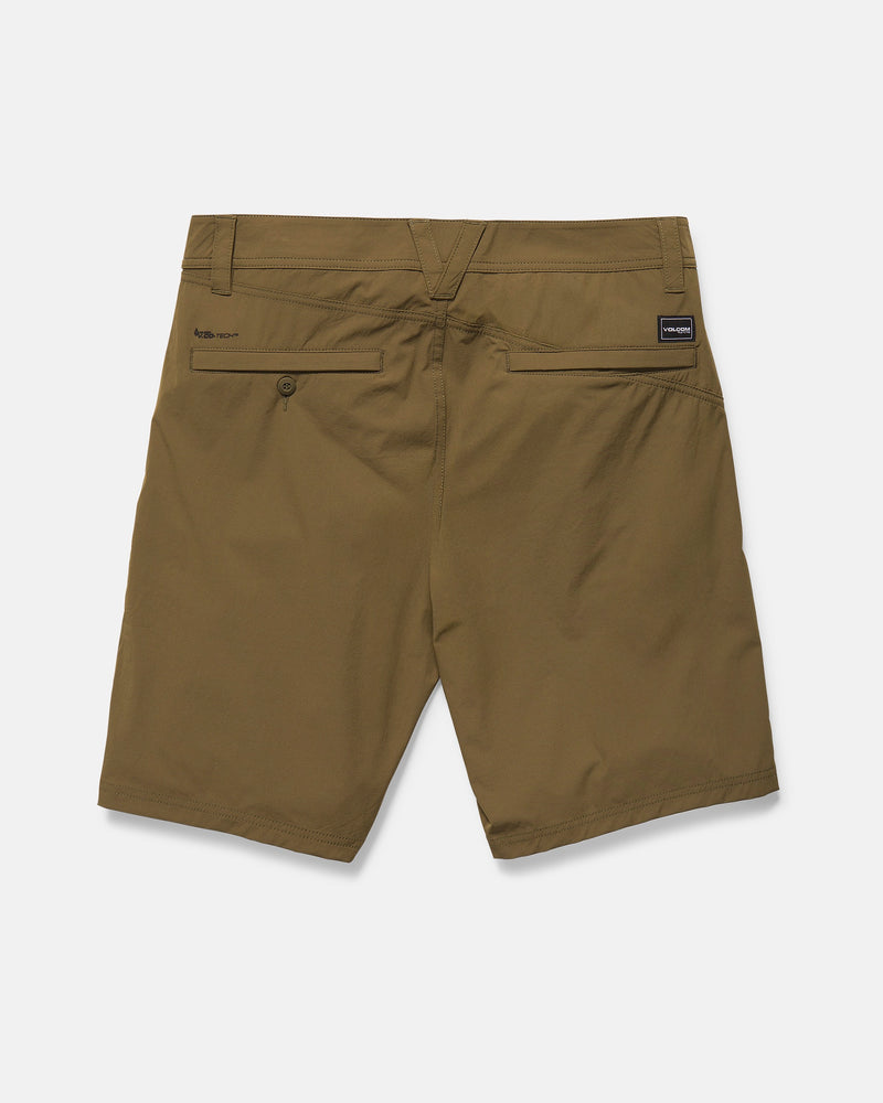 Back view of Volcom Men's Frickin Cross Shred Shorts in olive green, 20" outseam, with two rear pockets—one with button closure, the other with a black Volcom patch. Water-repellent, featuring belt loops and a flat waistband for a clean finish.