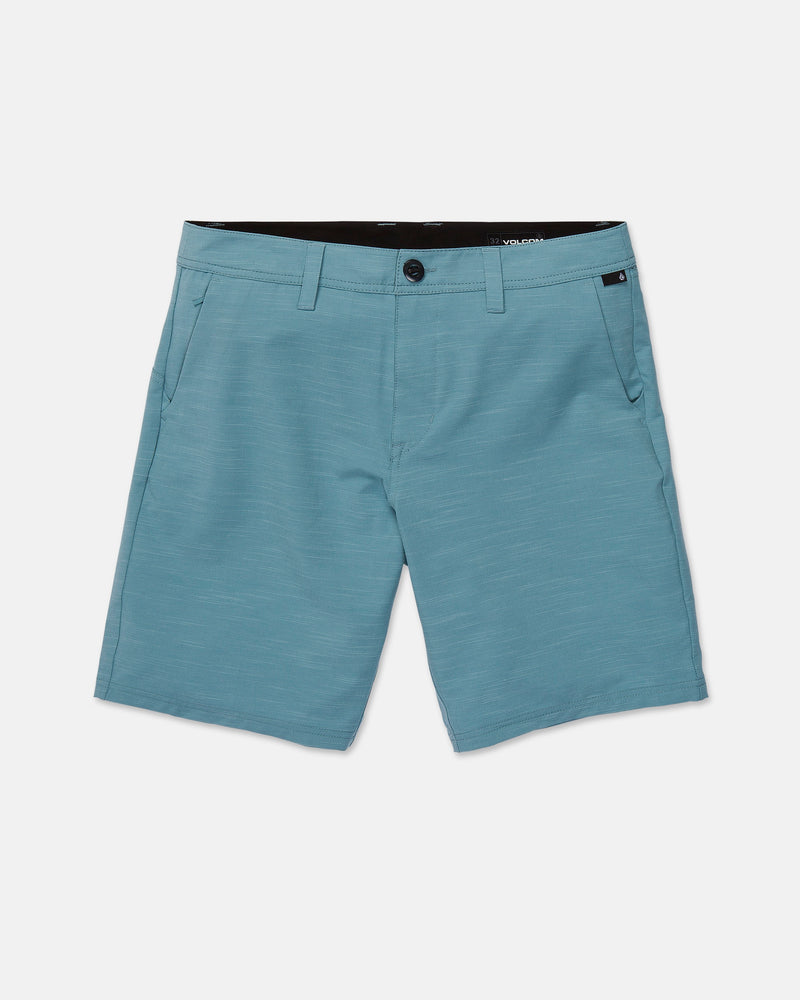 Volcom Men's Slub Frickin Cross Shred Hybrid Shorts in light blue, offering a modern fit with button and zipper closure, front and back pockets, and belt loops, shown against a white background.
