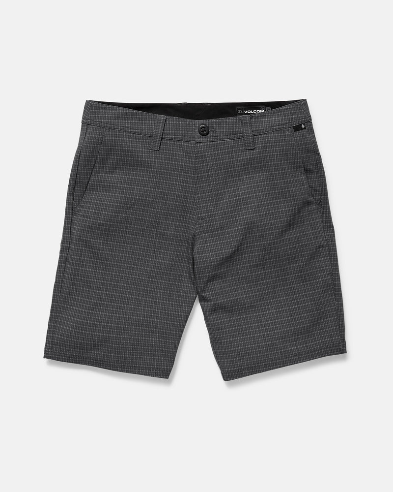 Men's Mix Frickin Cross Shred Shorts by Volcom in charcoal gray plaid, with fixed waist, 4-way stretch, belt loops, recycled buckle button, zipper closure, and side/back pockets—displayed flat on a white background.