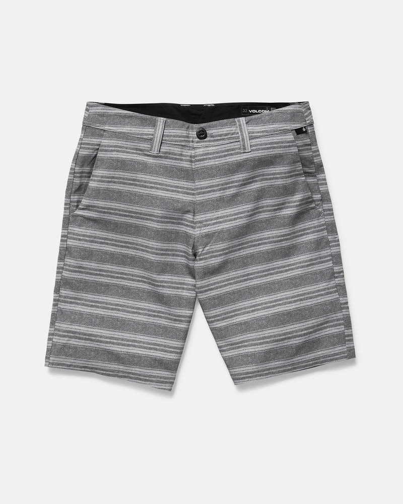 The Volcom Men's Mix Frickin Cross Shred Shorts feature horizontal light gray stripes, front pockets, belt loops, a fixed waist, button closure, and zipper fly. Displayed flat against a plain white background.
