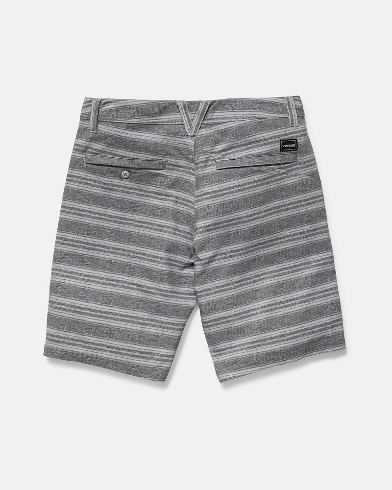 Volcom Men's Mix Frickin Cross Shred Shorts in gray, featuring horizontal white stripes, fixed waist, two back pockets (one with a button, one with brand label), and subtle waistband seams. Displayed on a plain white background.
