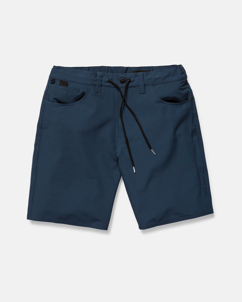 The Volcom Men's Harbor Hybrid Shorts, shown in navy blue with a 20-inch outseam, feature a button and zip closure, drawstring waist, belt loops, and five-pocket design. The shorts are displayed flat on a plain white background.