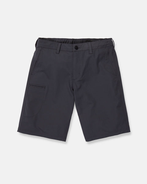 Men's Venture Stone Hybrid Shorts by Volcom in dark gray, made from recycled-poly fabric. These knee-length shorts feature a waistband with belt loops, a front button closure, and an angled side pocket on the left leg. Shown on a plain white background.