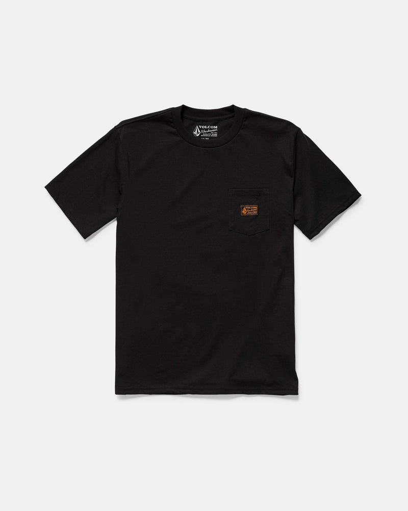 The Men’s Workwear Certifico Short Sleeve Tee by Volcom is a black, classic-fit t-shirt featuring a small chest pocket on the left side, adorned with a rectangular woven label patch. Made from premium cotton, the tee is shown laid flat against a white background.