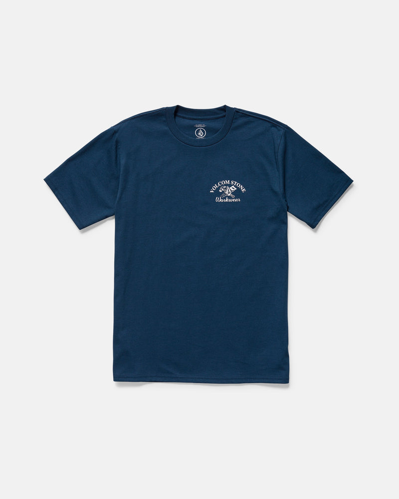 The Men's Crosscut Workwear Short Sleeve Tee by Volcom in navy features a small white Rolling Stones tongue logo and text on the left chest. Made from all cotton, it is shown laid flat on a white background.