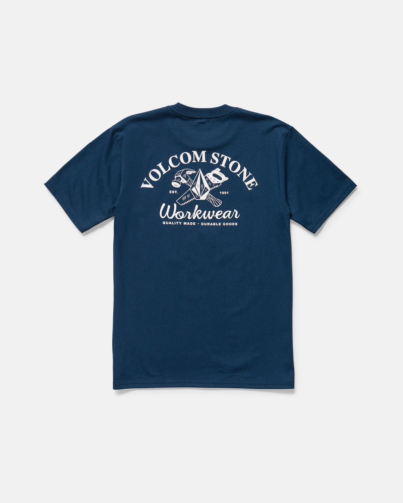 The Volcom Men's Crosscut Workwear Short Sleeve Tee in navy offers all-cotton comfort and features a back white graphic with “VOLCOM STONE Workwear,” crossed tools, and “Quality Made - Durable Goods” underneath.