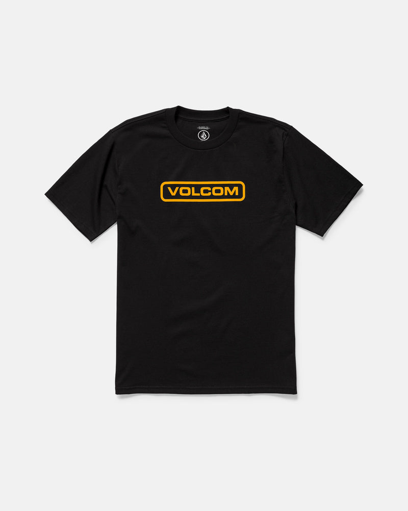 The Volcom Men's Eurobox Short Sleeve Tee is a black, classic-fit T-shirt with "VOLCOM" in bold yellow letters inside a yellow rectangle on the chest. Made from 100% cotton with a crew neck, shown on a plain white background.