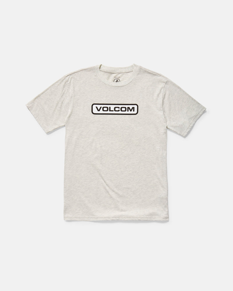 The Volcom Men's Eurobox Short Sleeve Tee is a light gray, classic fit cotton t-shirt featuring VOLCOM in bold black letters inside a rounded rectangle on the chest, shown laid flat on a white background.