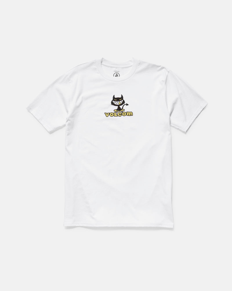 The Men's Devilish Short Sleeve Tee by Volcom is classic fit, made from 100% cotton, and features a small cartoon devil graphic above bold yellow Volcom lettering on the chest. It's shown laid flat on a white background.