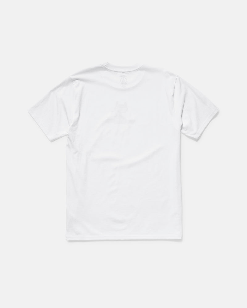 The Men’s Devilish Short Sleeve Tee by Volcom, made from 100% cotton in plain white, is displayed flat with the back side up on a light background.