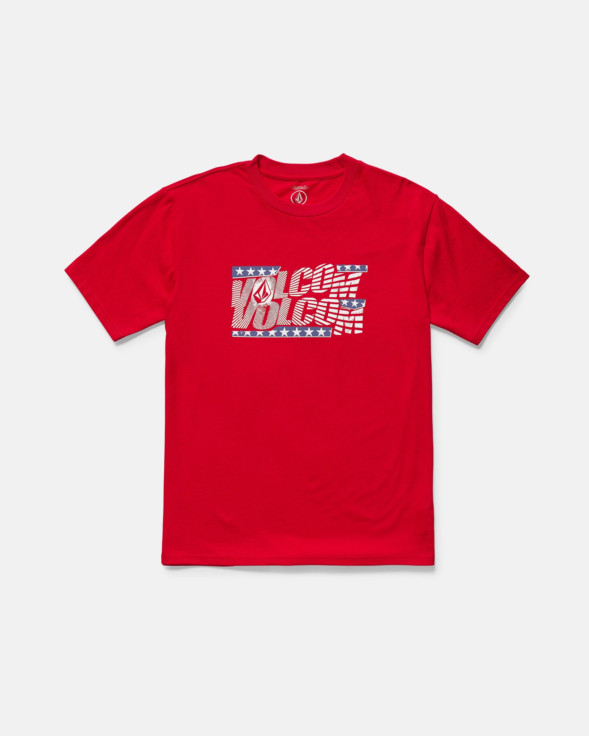 The Volcom Kids' Glory Daze Short Sleeve Tee is a red, classic fit 100% cotton shirt featuring a chest logo with an American flag-inspired design of white stars and stripes, shown on a plain white background.