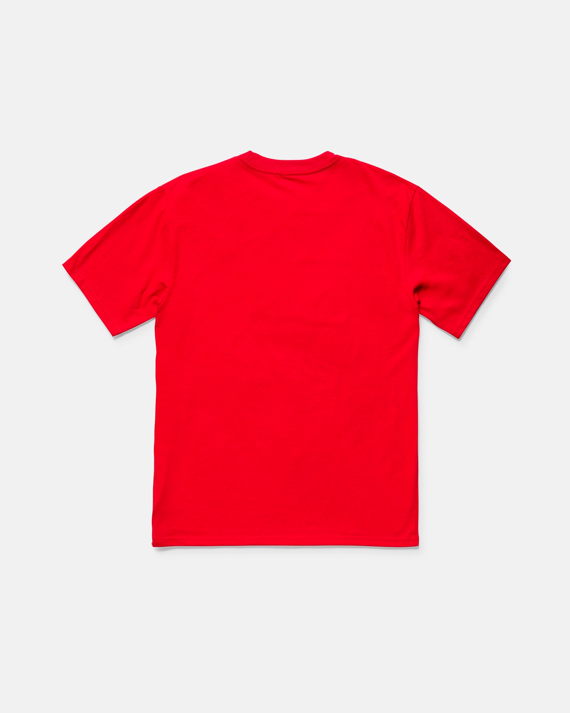 The Kids' Glory Daze Short Sleeve Tee by Volcom is a classic fit, red 100% cotton t-shirt shown laid flat on a white background from the back.