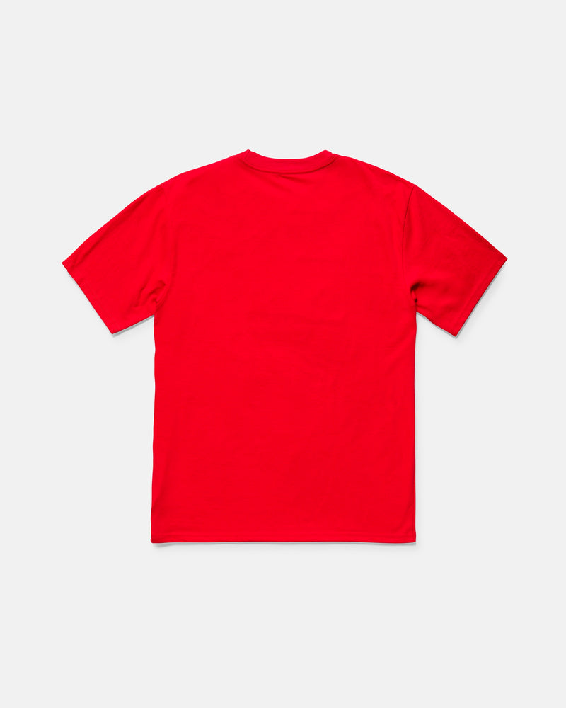 The Kids' Glory Daze Short Sleeve Tee by Volcom is a classic fit, red 100% cotton t-shirt shown laid flat on a white background from the back.