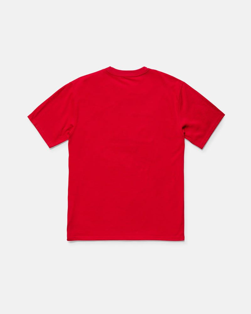 The Volcom Kids' Glory Daze Short Sleeve Tee is a plain red, 100% cotton t-shirt, displayed from the back and laid flat on a white background.