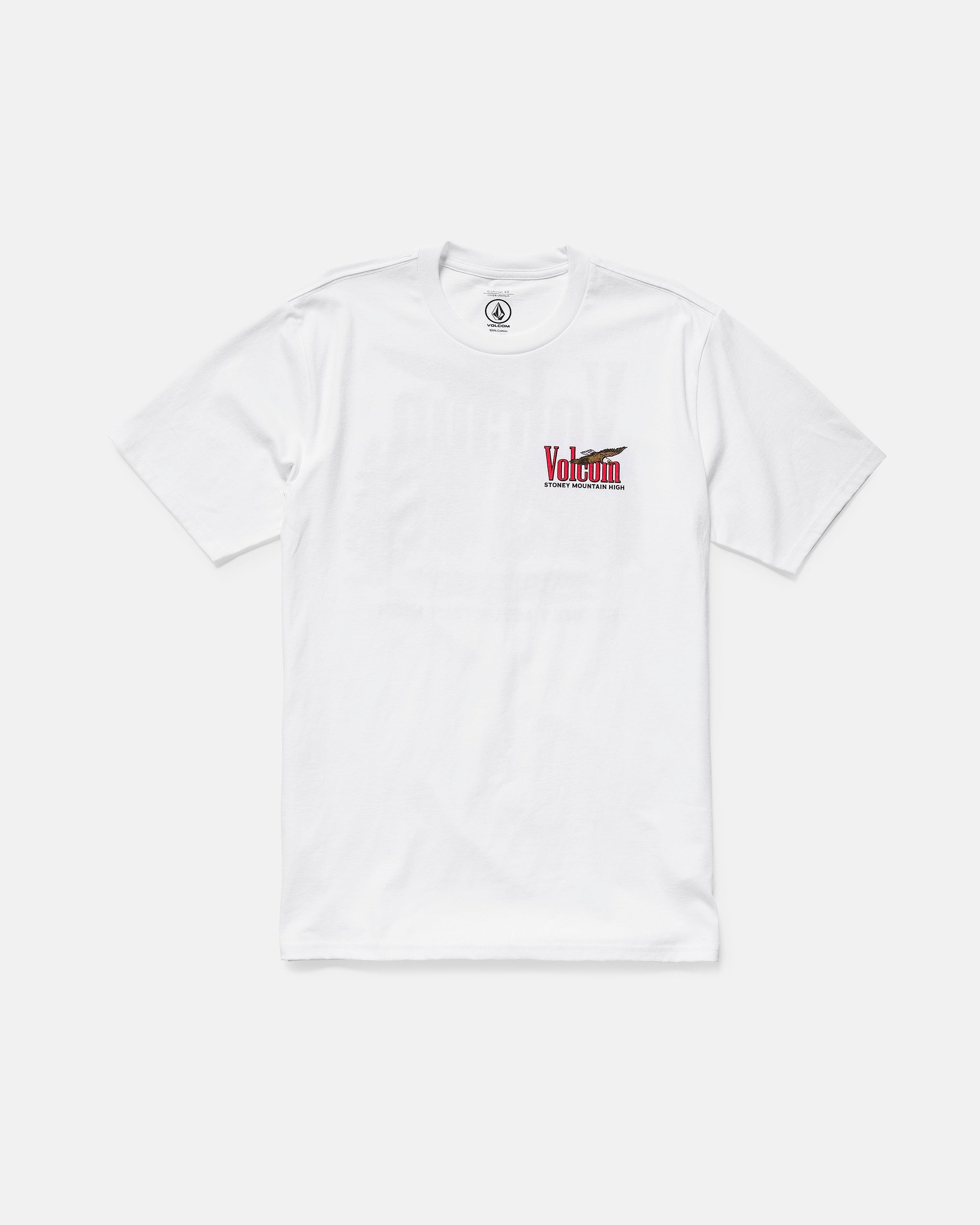 The Volcom Men's Stoney Mountain Short Sleeve Tee is a classic fit, 100% cotton shirt with a small red and black logo graphic on the left chest, shown on a plain white background.