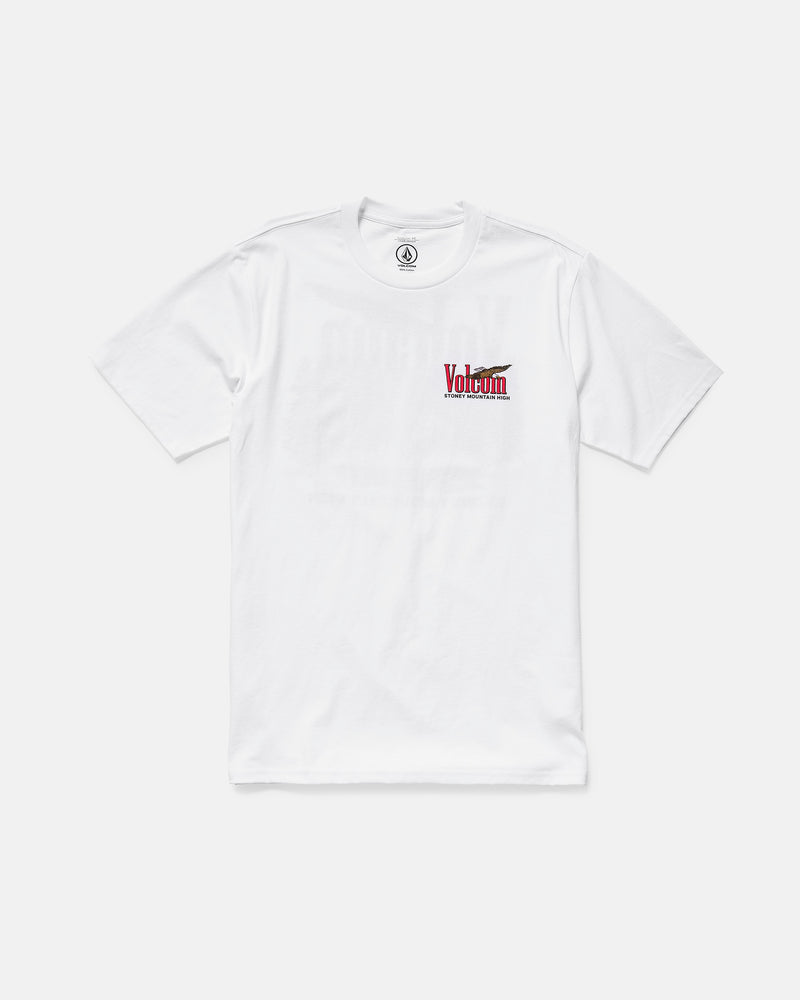 The Volcom Men's Stoney Mountain Short Sleeve Tee is a classic fit, 100% cotton shirt with a small red and black logo graphic on the left chest, shown on a plain white background.