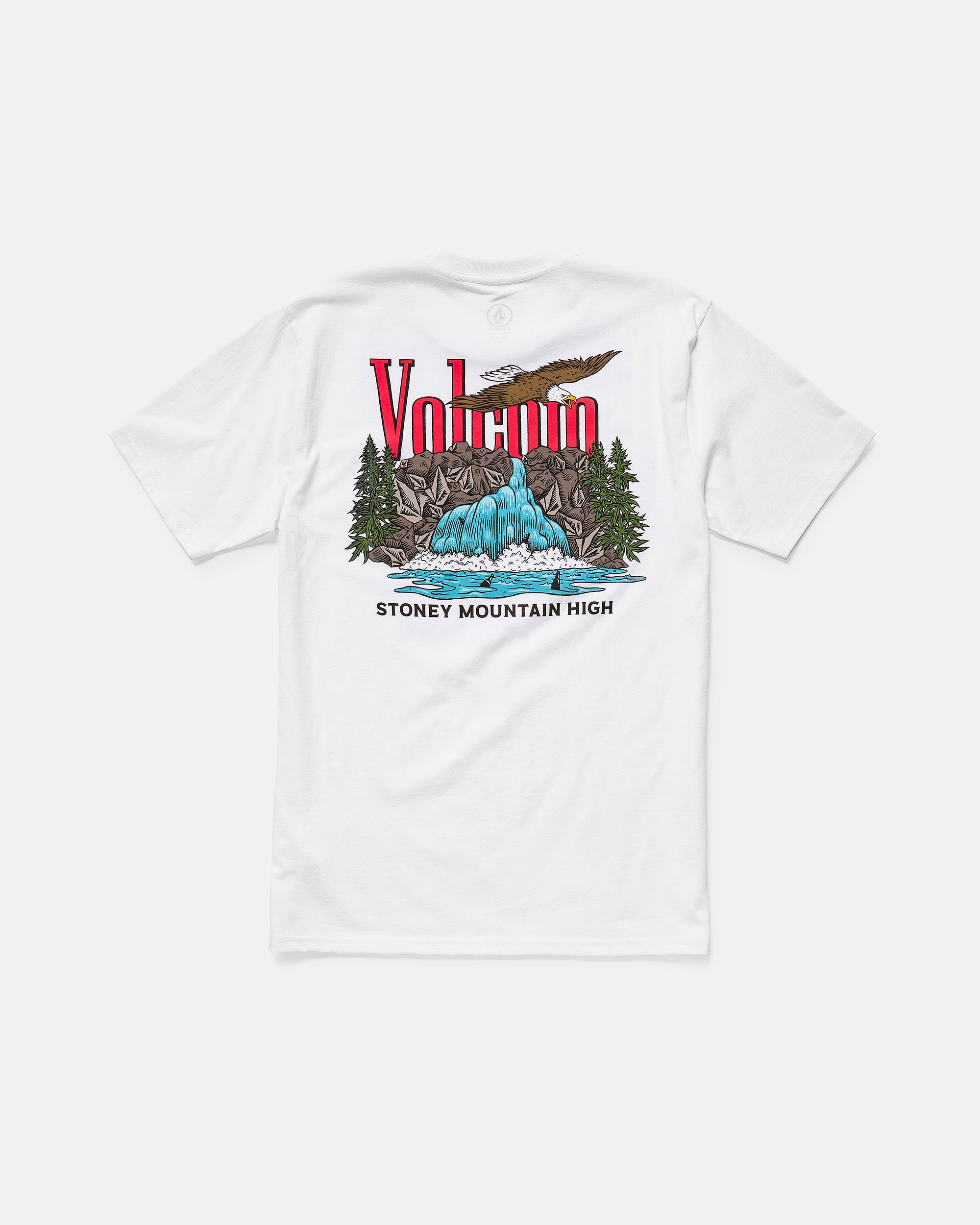 The Volcom Men's Stoney Mountain Short Sleeve Tee is a classic fit, 100% cotton shirt with a waterfall, trees, and mountains graphic on the back, “Volcano” in bold red above and “STONEY MOUNTAIN HIGH” printed below.