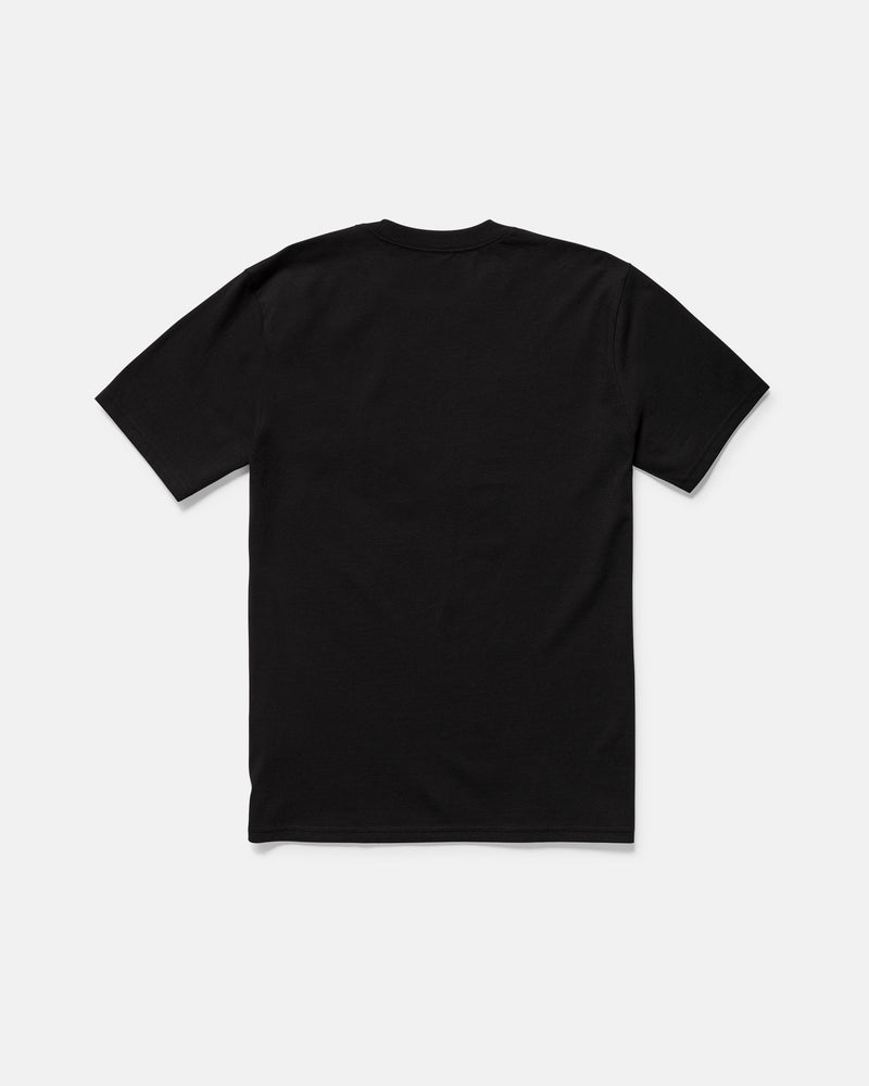 A plain black short-sleeve t-shirt is shown laid flat with the back facing up against a white background.