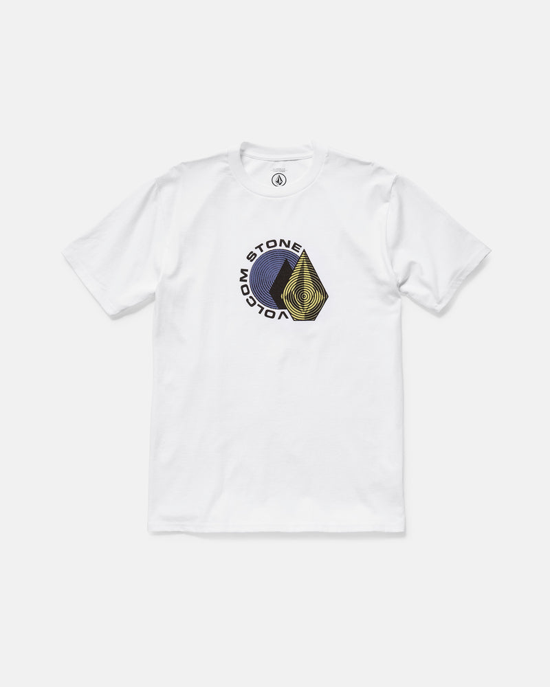 The Men’s Hypnotizer Short Sleeve Tee by Volcom features a black and yellow geometric VOLCOM STONE logo on the chest. Made from 100% cotton with a classic fit, this tee is shown against a plain white background.
