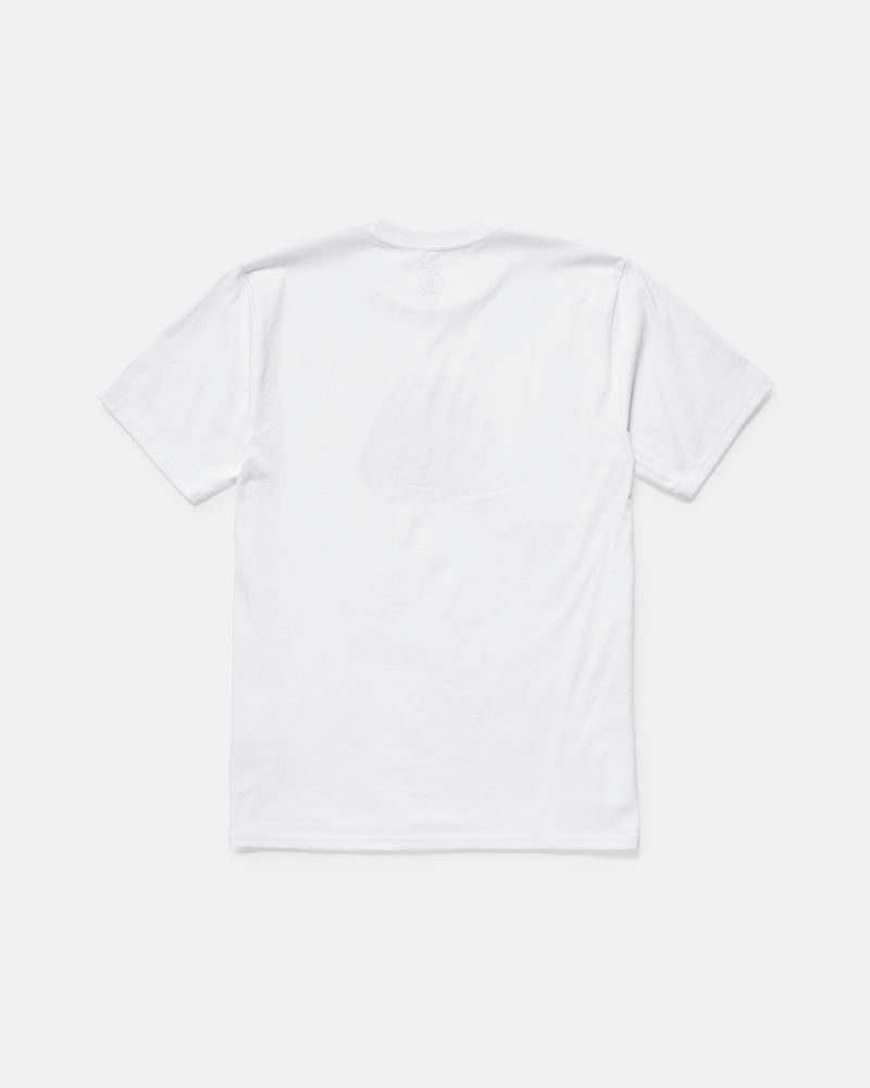 A plain white Volcom Men's Hypnotizer Short Sleeve Tee is laid flat, back side up on a light gray background. Crafted from 100% cotton, this classic fit shirt features no visible logos, patterns, or designs.