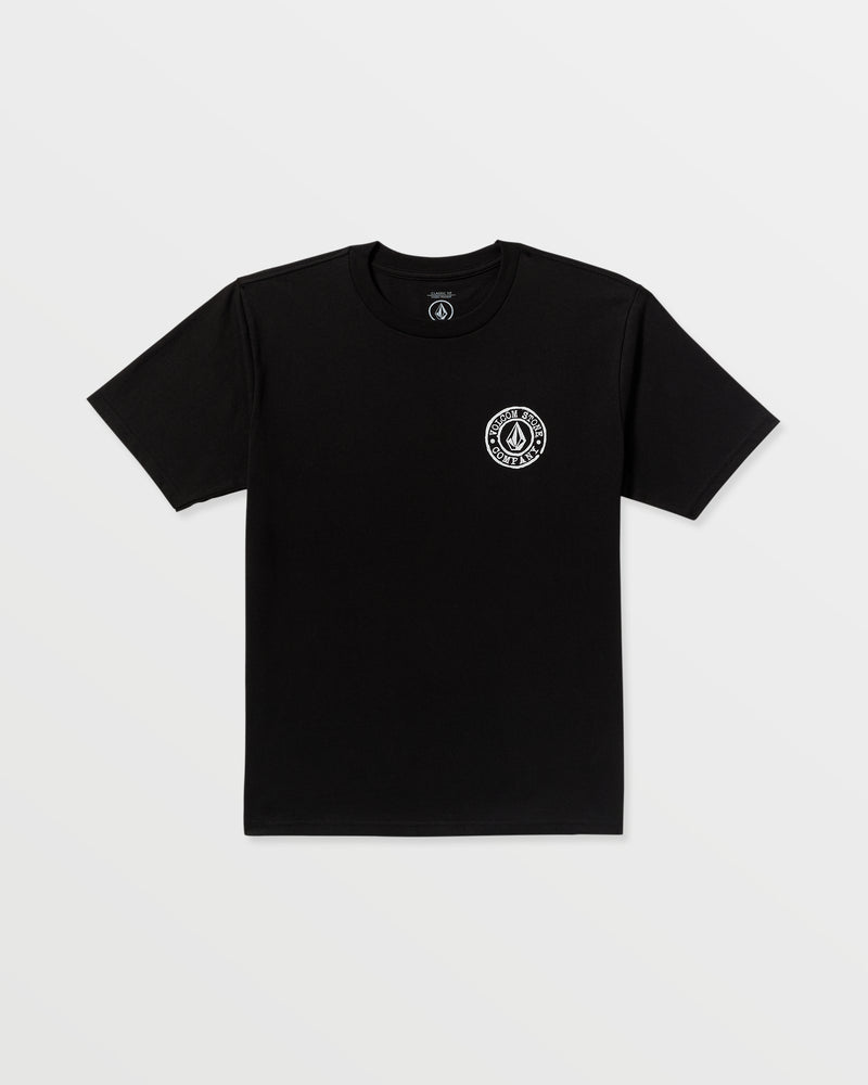 The Men’s Logo Stamp Short Sleeve Tee by Volcom features a black, classic fit design with a small white circular logo on the left chest. Crafted from premium ring spun cotton, this t-shirt is shown laid flat on a white background.