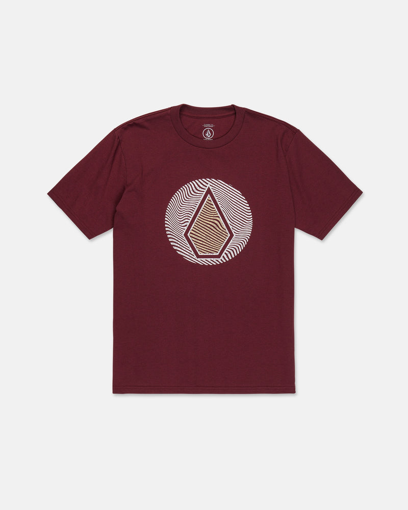 The Volcom Men's Wave Stone Short Sleeve Tee is a maroon t-shirt featuring a geometric design with a central diamond shape inside a white circular pattern on the chest, crafted from premium ring spun cotton for exceptional comfort and durability.