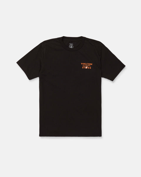 The Men's Stone Talon Workwear Short Sleeve Tee by Volcom is a black classic-fit tee made from heavyweight cotton for long-lasting durability. It features a small orange and white Volcom Stone logo on the left chest and is shown against a plain white background.