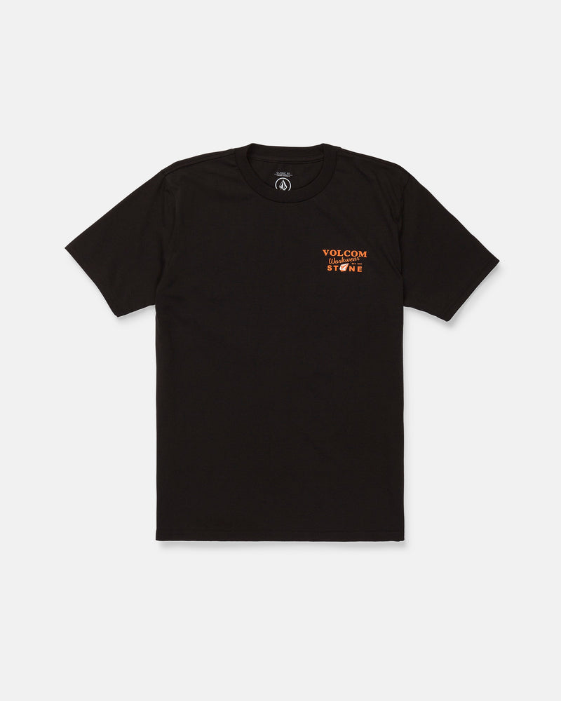 The Men's Stone Talon Workwear Short Sleeve Tee by Volcom is a black classic-fit tee made from heavyweight cotton for long-lasting durability. It features a small orange and white Volcom Stone logo on the left chest and is shown against a plain white background.