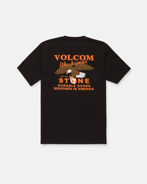 Men's Stone Talon Workwear Short Sleeve Tee by Volcom features an eagle graphic and "Stone Durable Goods Designed in America" printed in orange on the back. This classic fit black workwear tee is made from heavyweight cotton to ensure comfort and long-lasting durability.