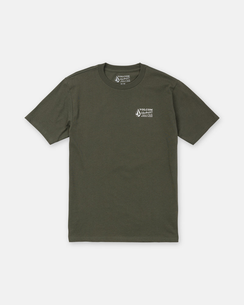 The Men’s Volcom Workwear Short Sleeve Tee is shown in olive green, made from heavyweight premium cotton for lasting quality. It features a small white Volcom logo and text on the left chest. The shirt is displayed flat against a white background, highlighting its durable construction and classic workwear-inspired style.