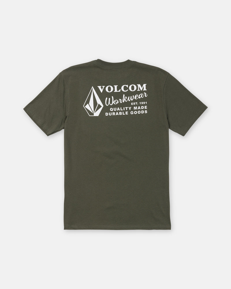 The Men’s Volcom Workwear Short Sleeve Tee by Volcom is crafted from heavyweight premium cotton in olive green, and features a white VOLCOM Workwear logo and text, including “QUALITY MADE DURABLE GOODS” and a diamond-shaped graphic, on the back.