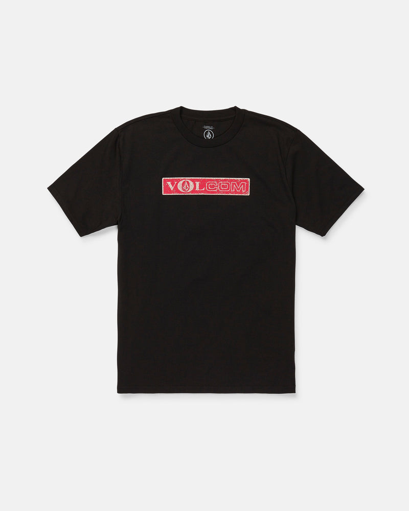 The Volcom Men's Dual Euro Short Sleeve Tee is a classic fit black t-shirt featuring a red and white vintage Volcom logo across the chest, made from premium ring-spun cotton and displayed flat against a white background.