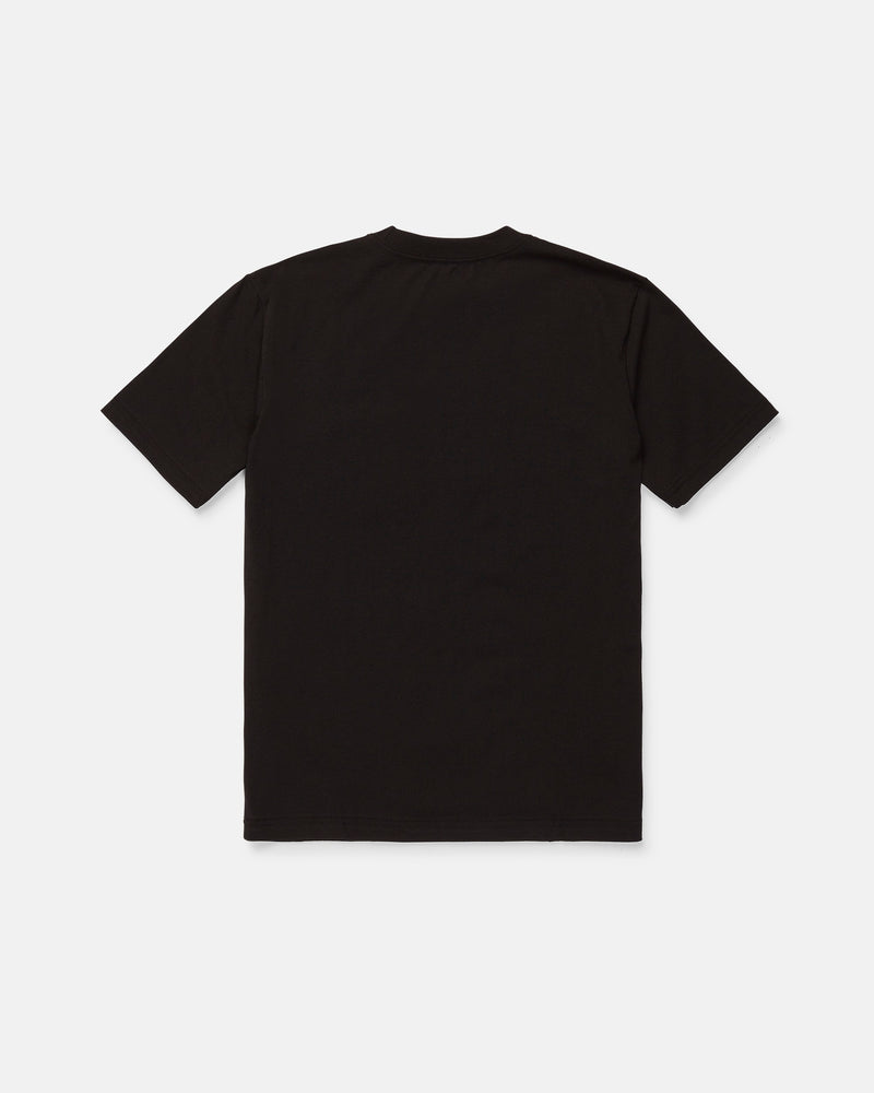 The Volcom Men's Snakes Oil Pocket Short Sleeve Tee in black is displayed laid flat on a white background, showing the back of the shirt.