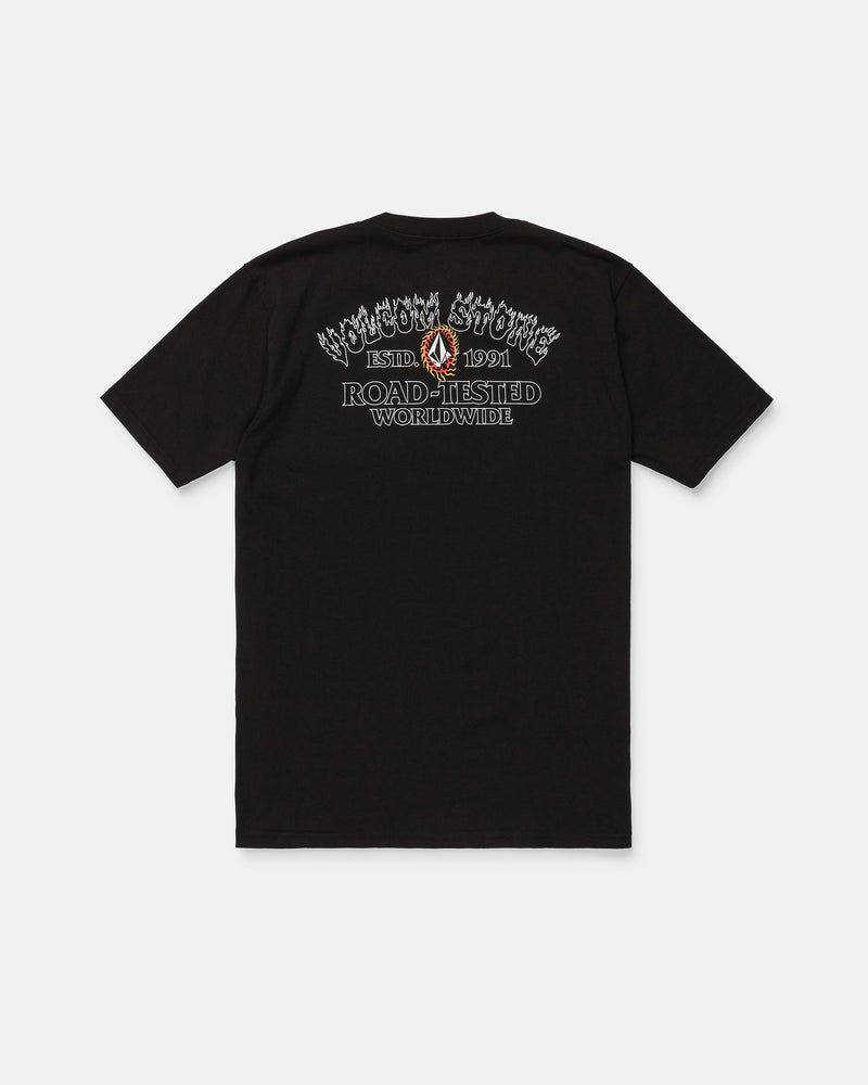 The Men's Ringafire Short Sleeve Tee by Volcom is crafted from heavy-weight premium cotton and features a striking flame graphic. The back showcases text reading "Volcom Stone, Estd. 1991, Road-Tested Worldwide," completed with a bold red and white Volcom logo beneath the text. This classic fit tee combines standout style with quality construction.