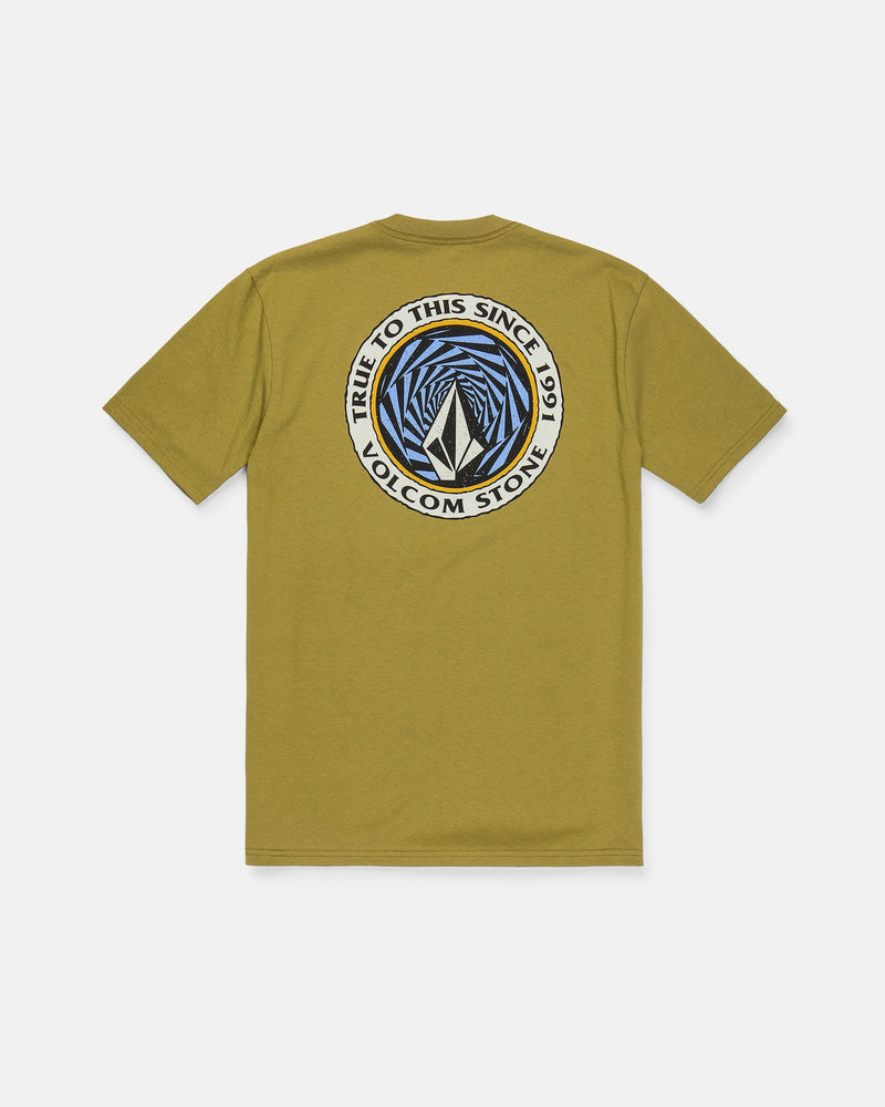 The Volcom Men's Dirty Work Short Sleeve Tee in olive green features a classic fit, crafted from premium ring-spun cotton. It showcases a bold circular geometric graphic on the back with “True to this since 1991 Volcom Stone” in black and white, highlighted by blue accents.