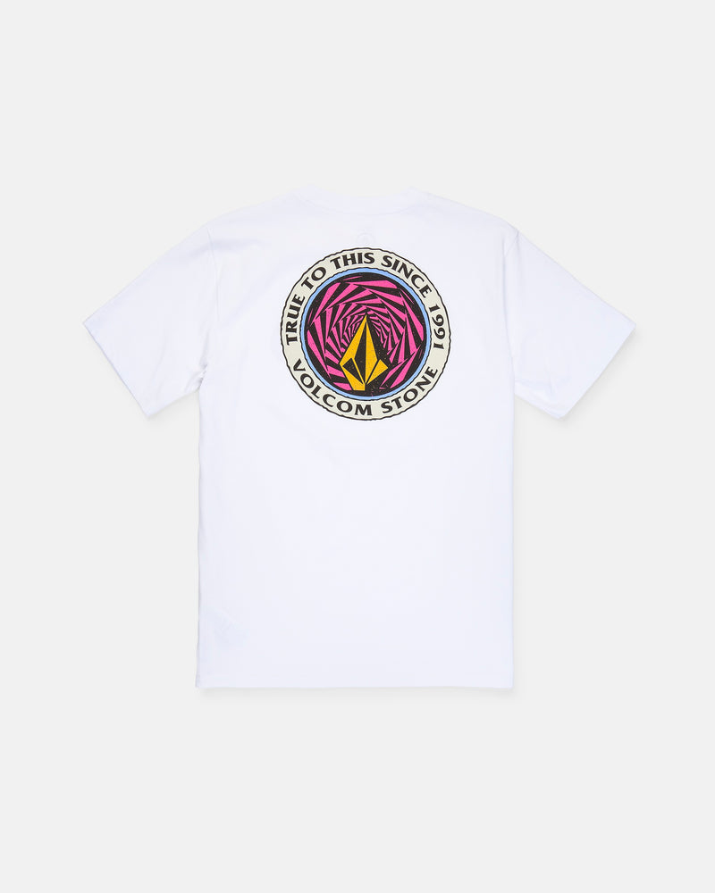 Introducing the Men's Dirty Work Short Sleeve Tee by Volcom—a classic white fit crafted from heavy weight cotton for lasting durability and comfort. Featuring a vibrant circular back graphic with the Volcom Stone logo, geometric patterns in pink and yellow, and the text “TRUE TO THIS SINCE 1991 VOLCOM STONE,” this t-shirt offers a premium touch with its soft-hand screen print.